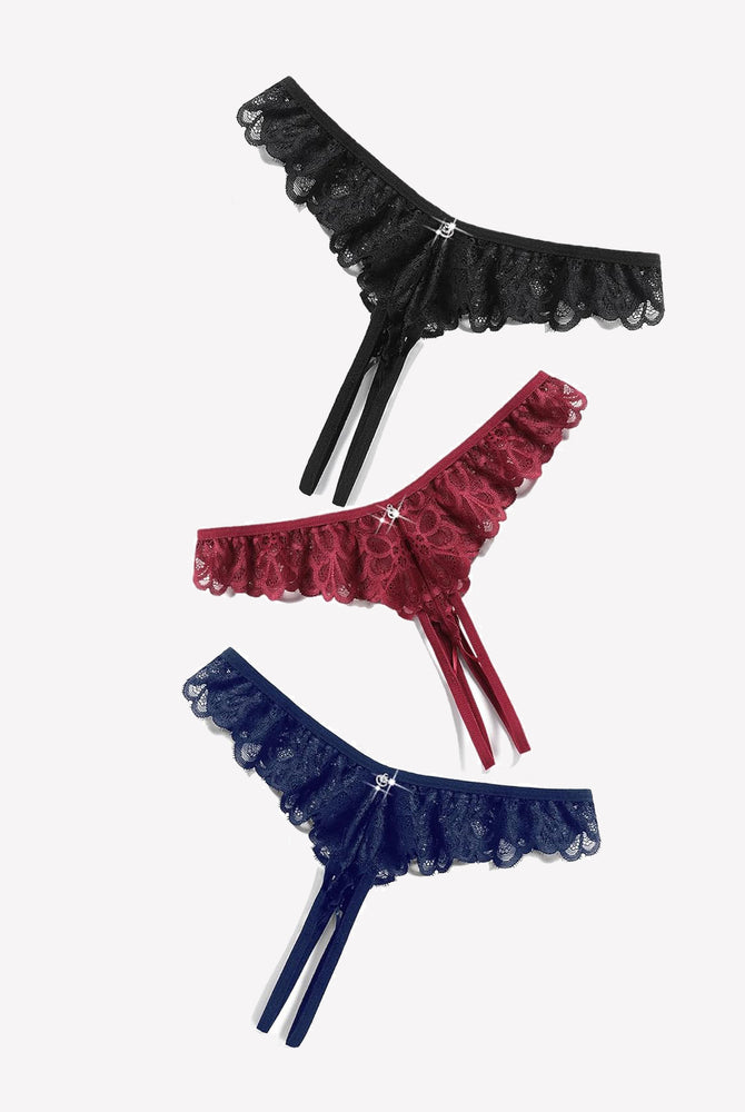 Lace panties in black, burgundy, and navy blue with criss-cross thong design and rhinestone details