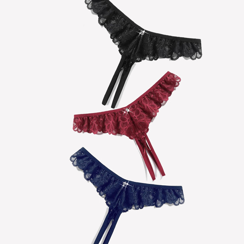 Lace panties in black, burgundy, and navy blue with criss-cross thong design and rhinestone details