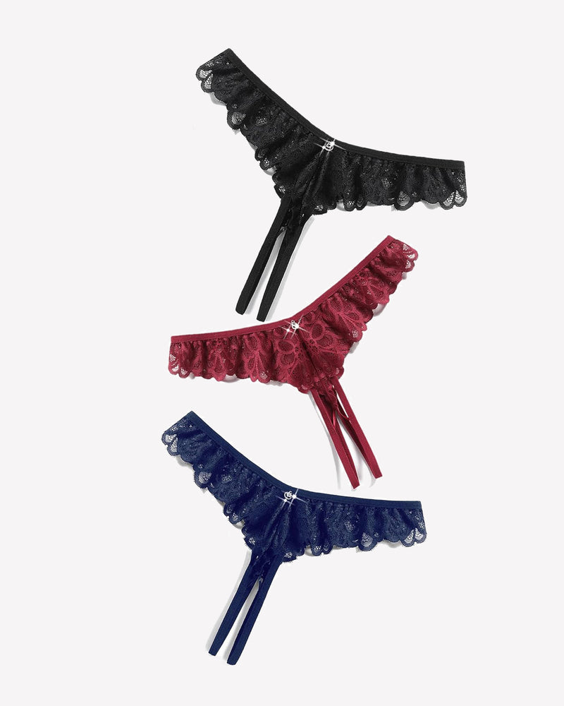 Lace panties in black, burgundy, and navy blue with criss-cross thong design and rhinestone details