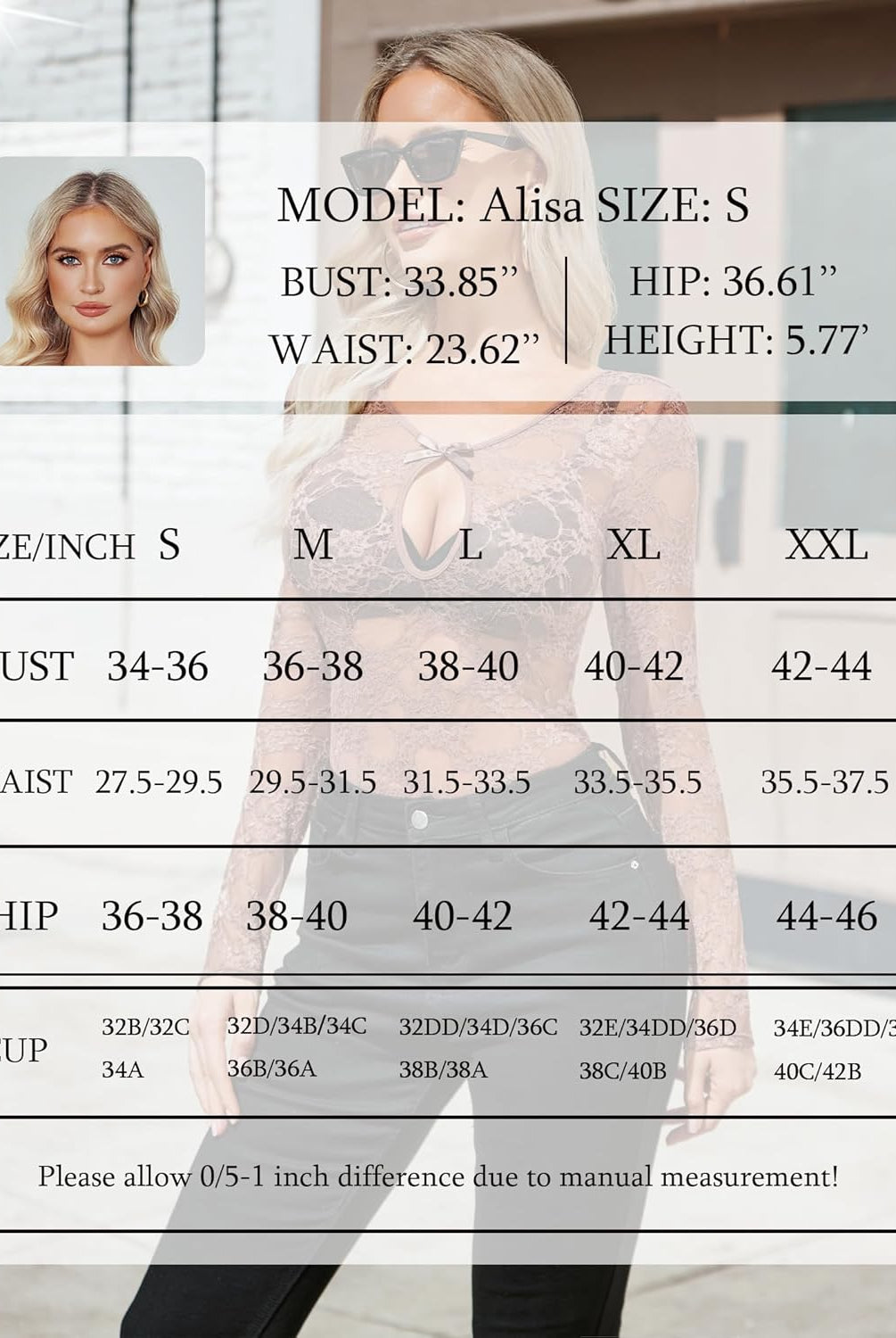 Avidlove Long Sleeve Lace Bodysuit Size Chart: Bust, Waist, Hip, Cup Measurements for sizes S to XXL