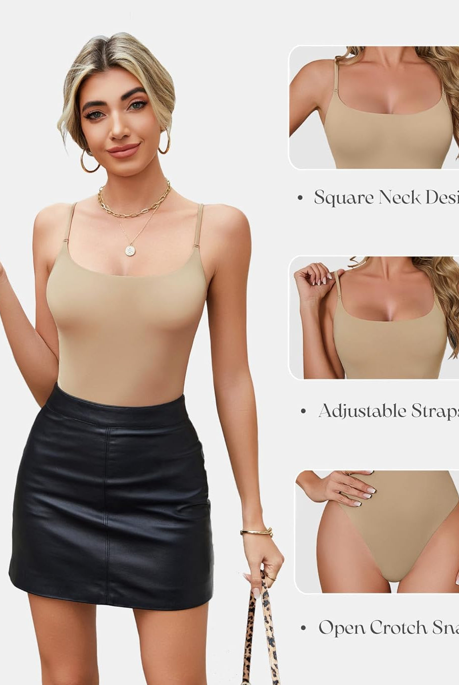 Square neck beige bodysuit with adjustable straps and open crotch snap, comfortable and stylish.