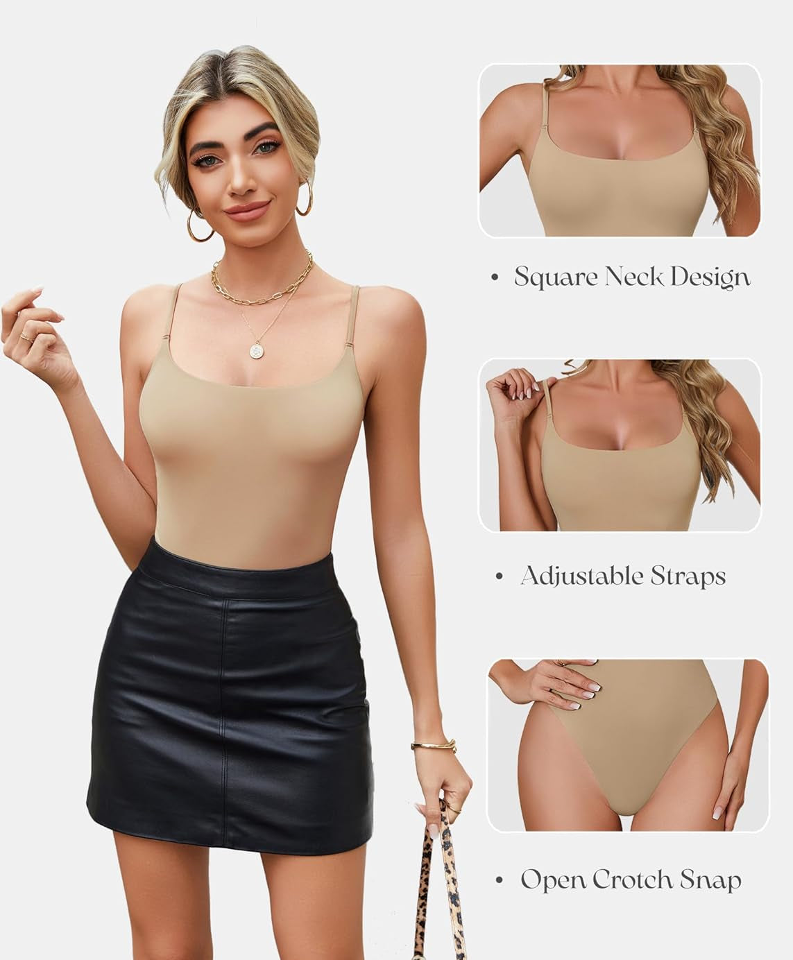 Square neck beige bodysuit with adjustable straps and open crotch snap, comfortable and stylish.