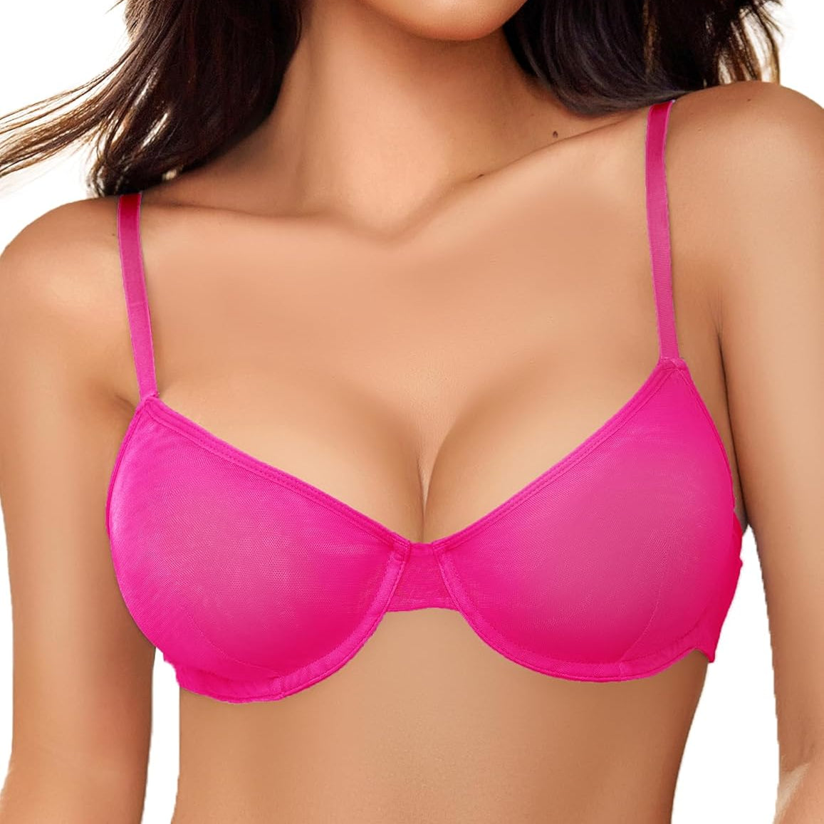 Pink sheer mesh unlined underwire bra, stylish lingerie, highlighting natural contours