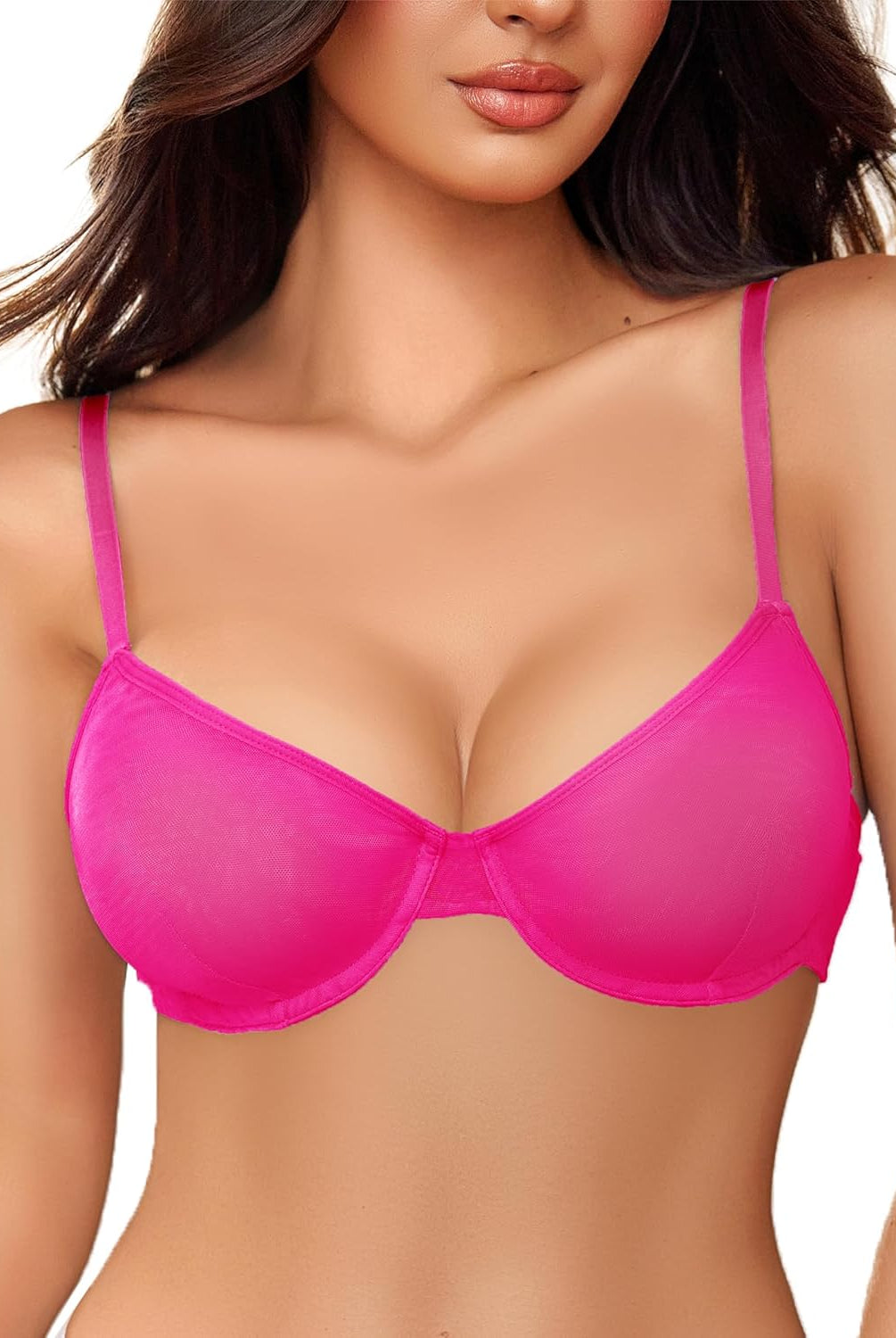 Pink sheer mesh unlined underwire bra, stylish lingerie, highlighting natural contours