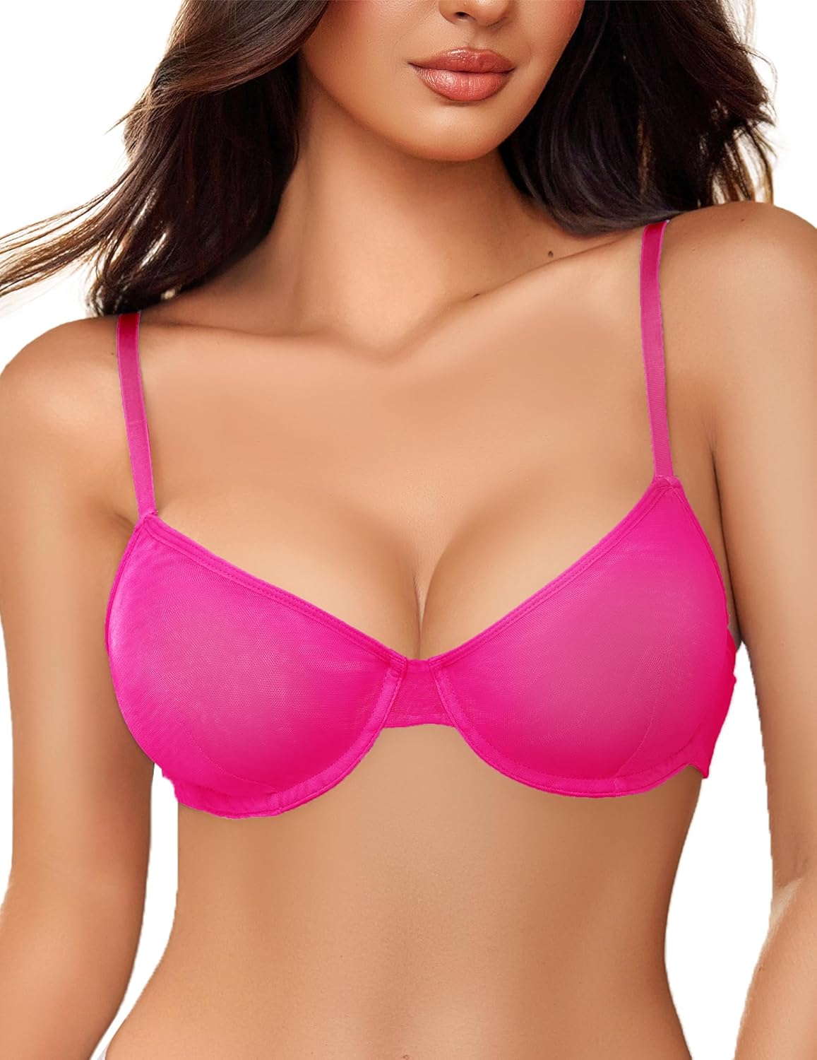 Pink sheer mesh unlined underwire bra, stylish lingerie, highlighting natural contours