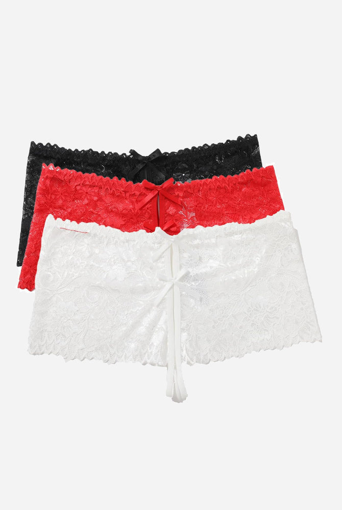 Lace high waist panties in black, red, white. Floral lace, bows, and high-rise design.