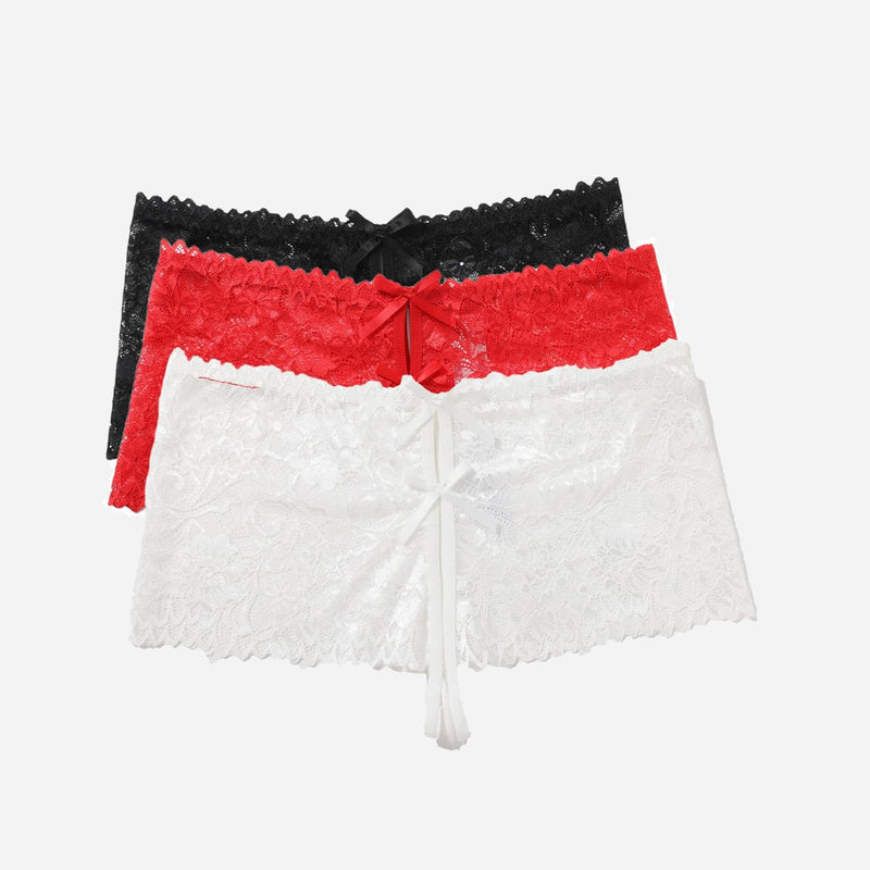 Lace high waist panties in black, red, white. Floral lace, bows, and high-rise design.