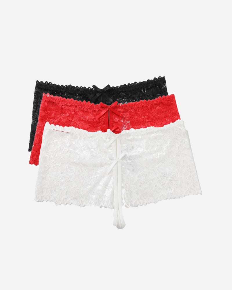 Lace high waist panties in black, red, white. Floral lace, bows, and high-rise design.