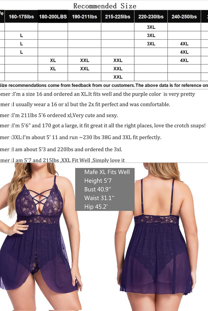 Purple Plus Size Babydoll with Lace, Straps, Snap Crotch. Size Chart & Fit Info included.