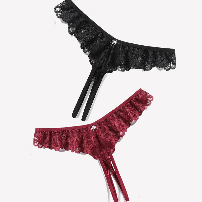 Lace panties in black and burgundy with criss-cross thong design and rhinestone details