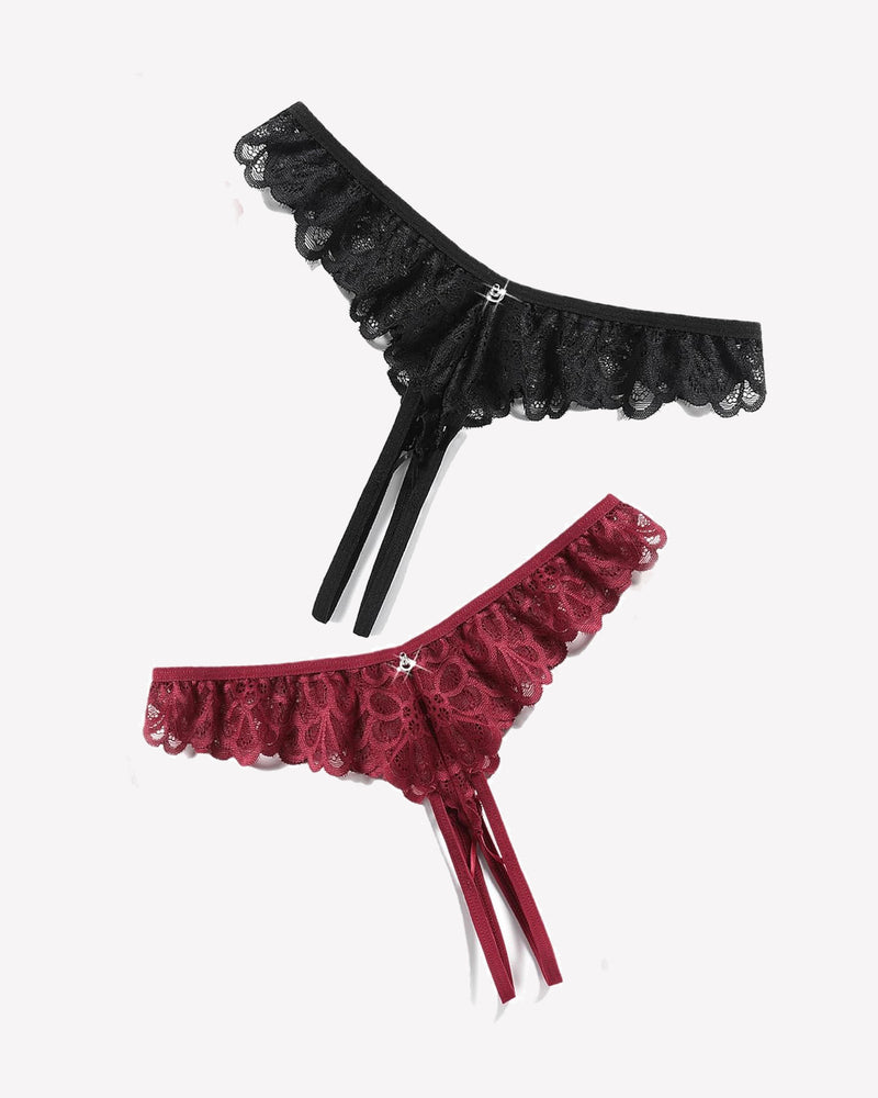 Lace panties in black and burgundy with criss-cross thong design and rhinestone details