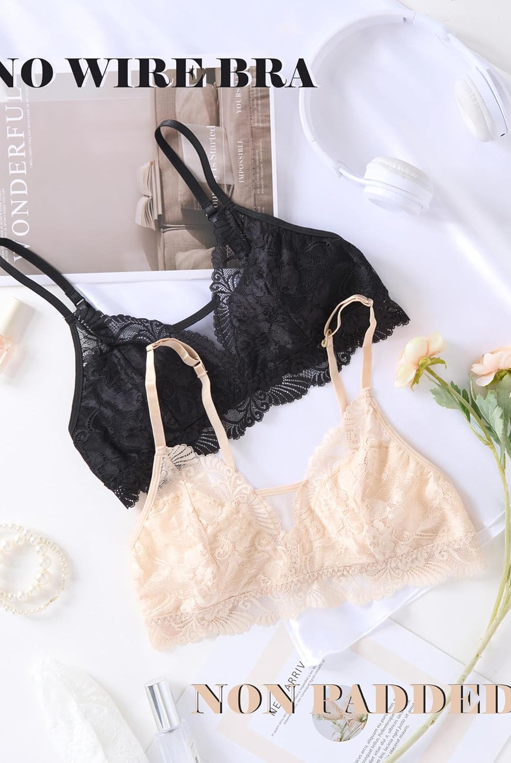 Lace bralettes, no wire, non-padded, in black and beige. Comfortable and stylish design.