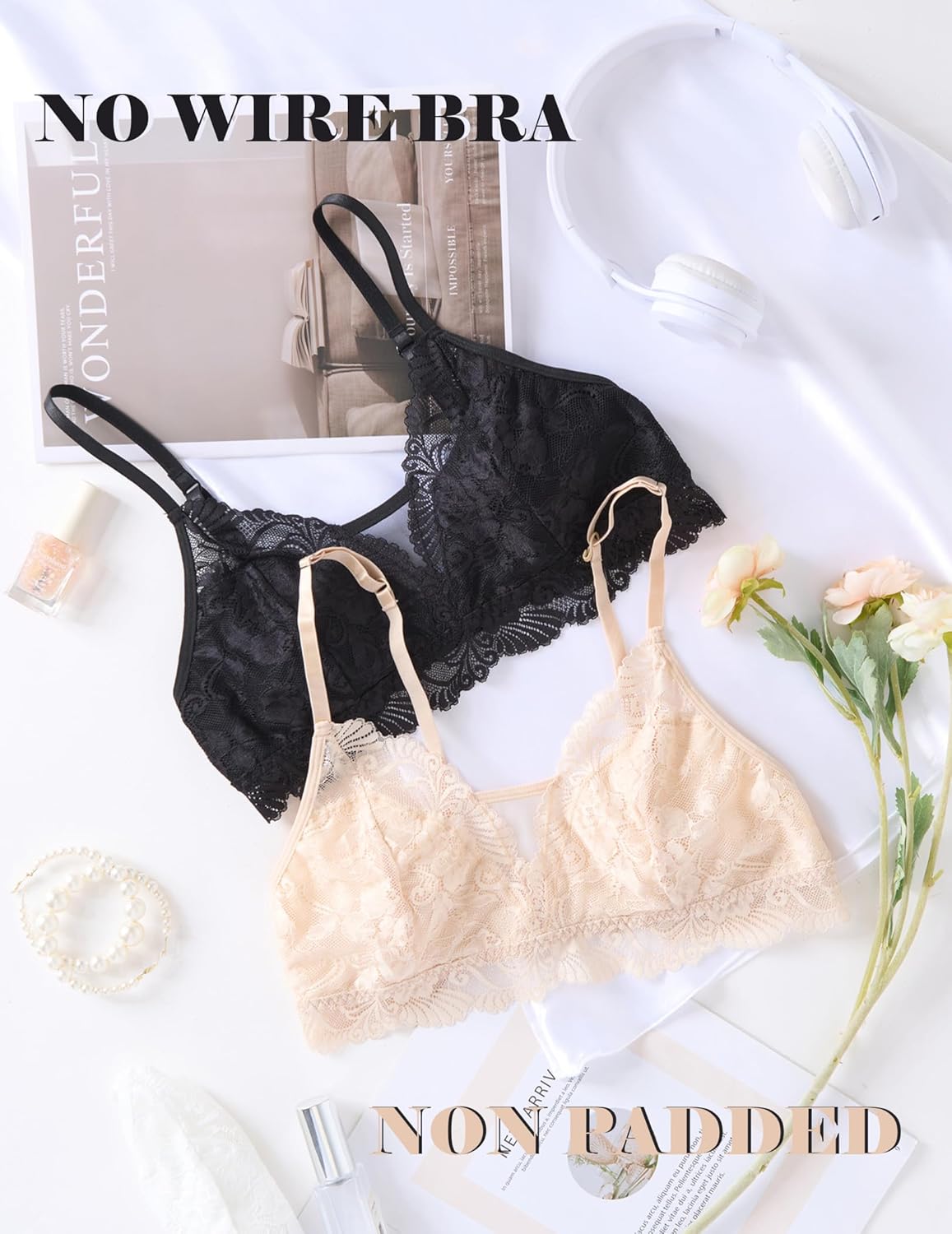 Lace bralettes, no wire, non-padded, in black and beige. Comfortable and stylish design.