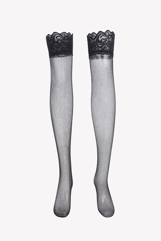 Black fishnet thigh-high stockings with lace trim, sexy and comfortable lingerie for women.