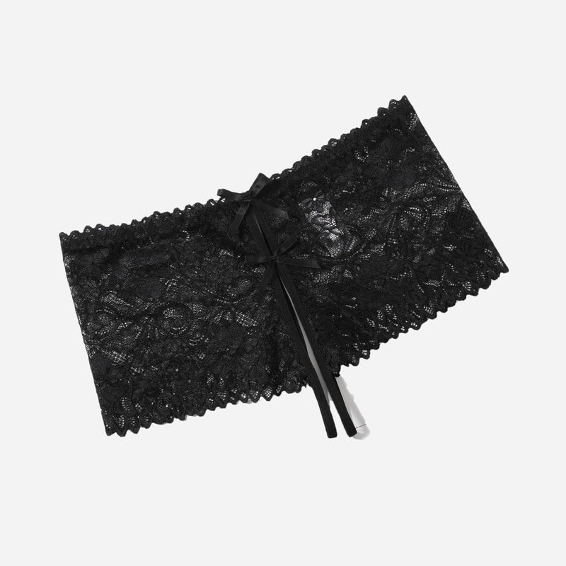 Black lace high waist panty with bow. High-rise design and floral lace for sexy lingerie.
