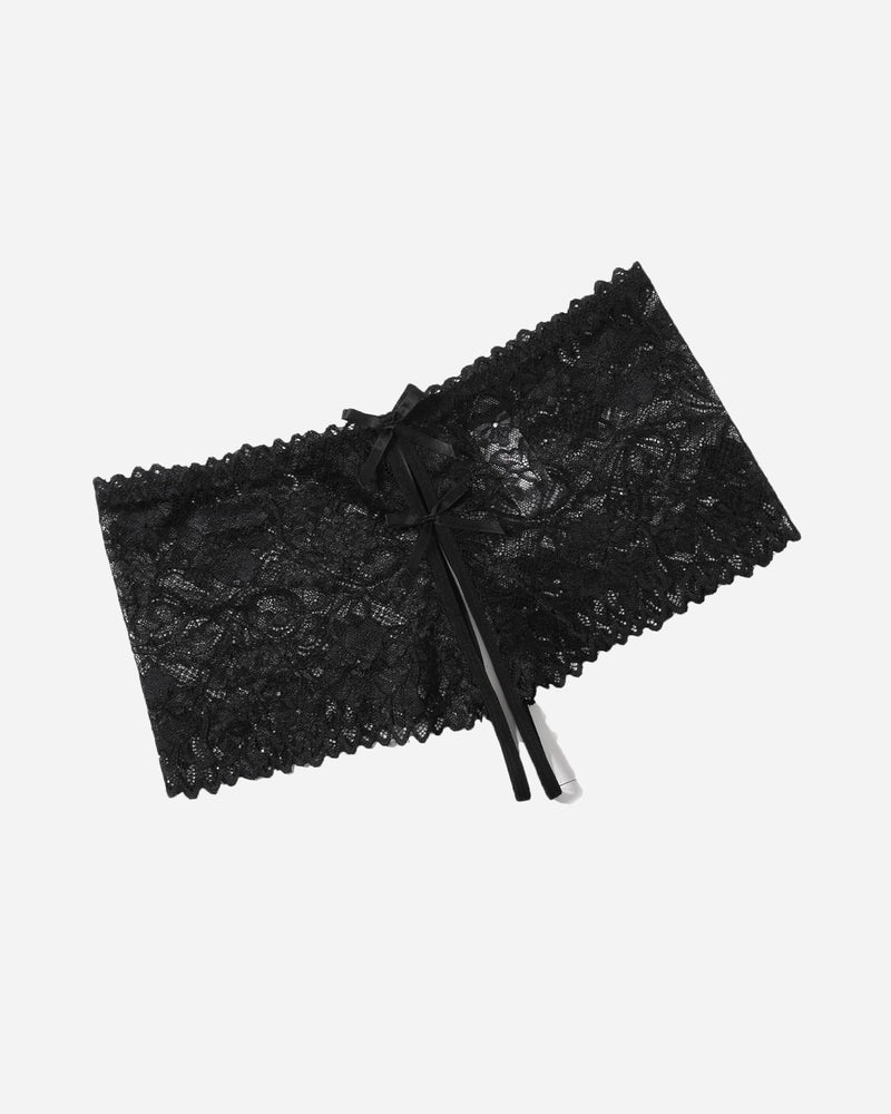 Black lace high waist panty with bow. High-rise design and floral lace for sexy lingerie.