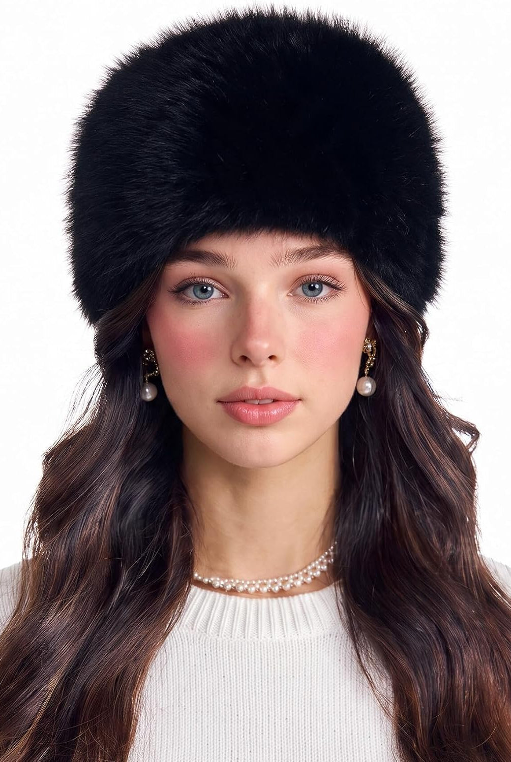 Black faux fur cossack hat with plush rounded crown and ear-covering brim