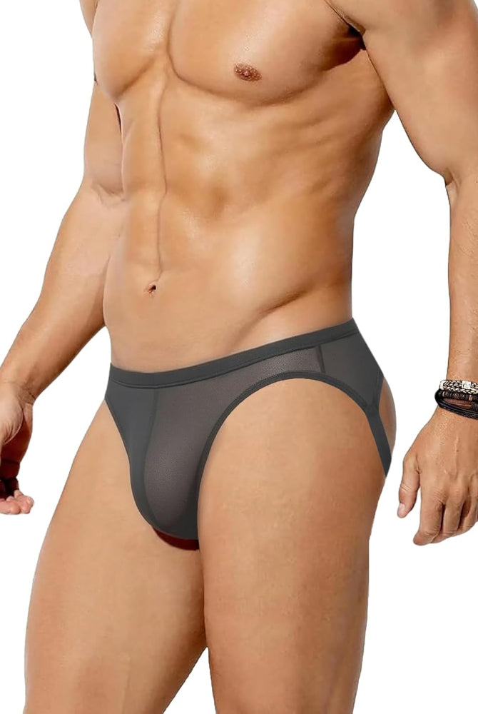 Men's mesh jock strap with thong cut, dark gray