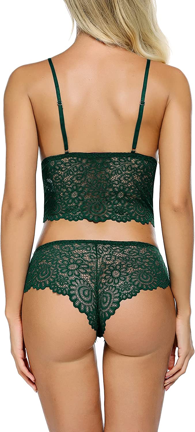 Green lace lingerie set. Sexy Avidlove bralette and panty with adjustable straps. Women's underwear.