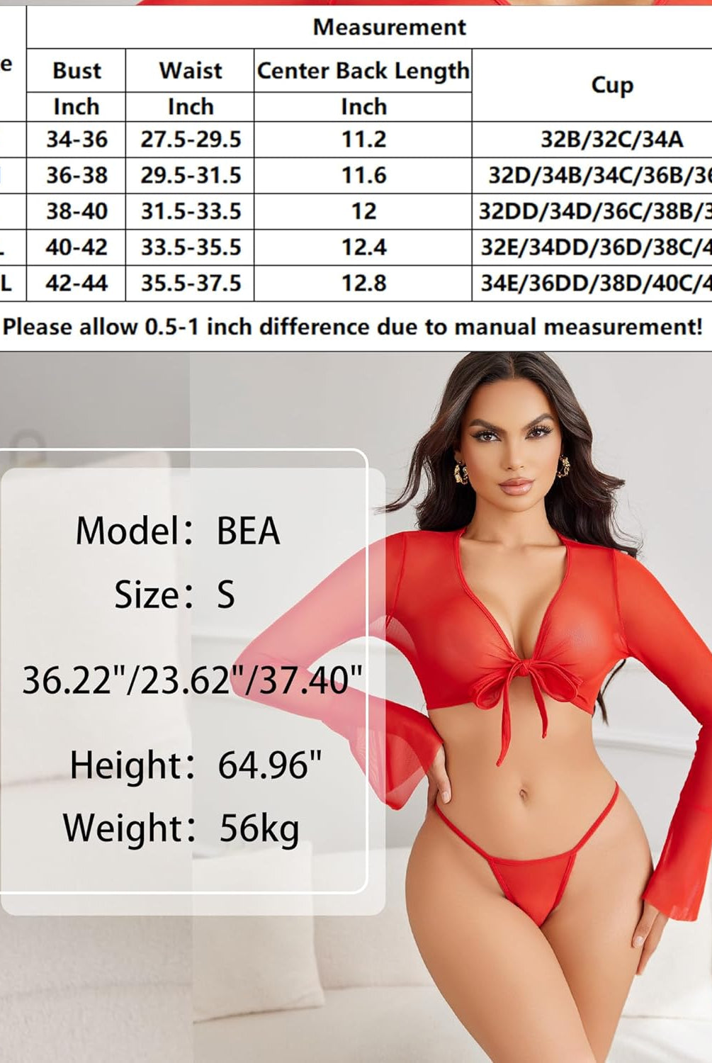 Red sheer crop top and G-string set with size chart, model BEA wearing size S, sexy lingerie