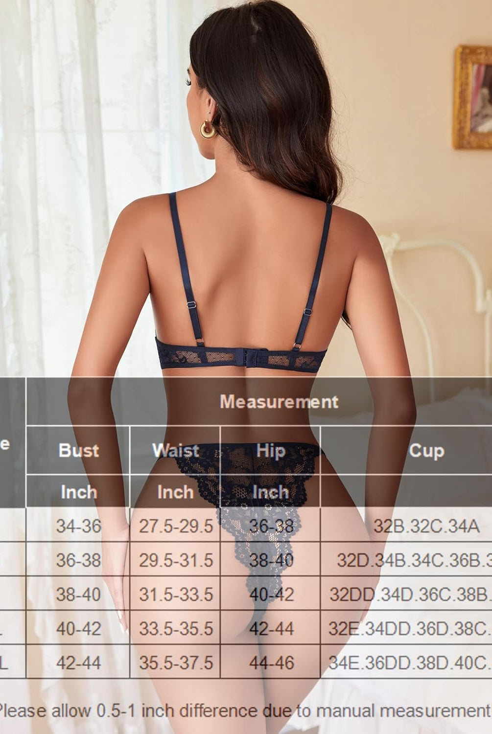 Navy blue lace lingerie set with size chart, featuring adjustable straps and delicate lace details.