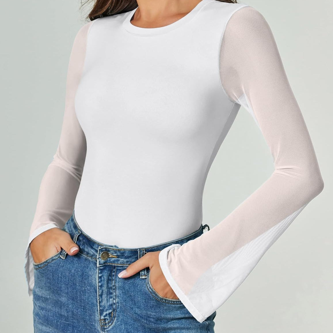 Bell Long Sleeve Bodysuits Mesh Leotard Tops