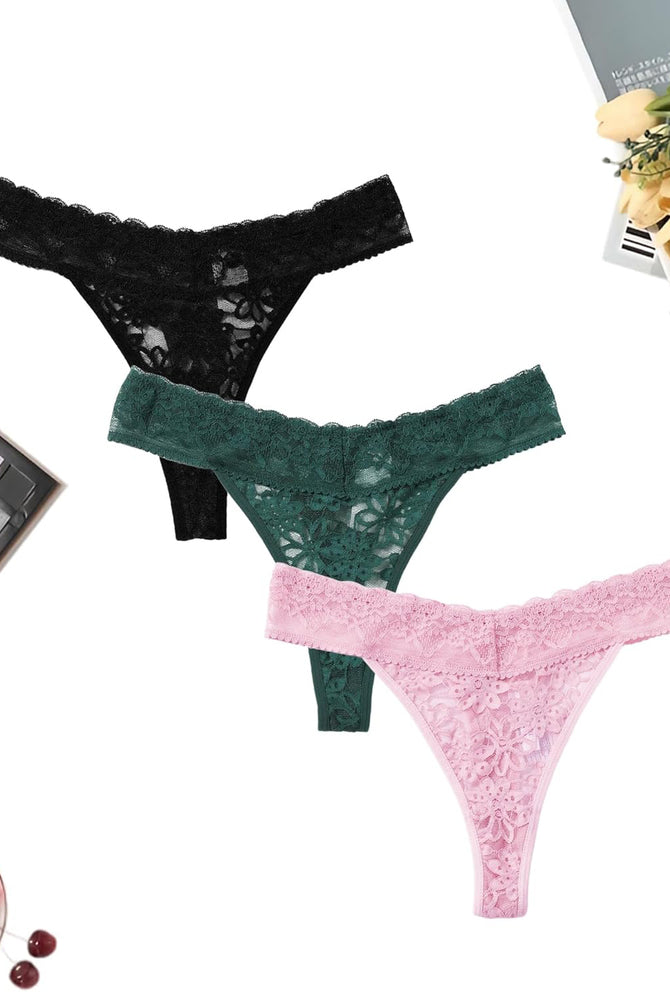 Lace low waist Brazilian panties in black, green, and pink. Sexy lingerie with delicate lace.