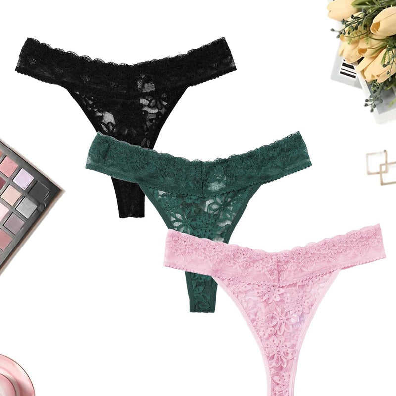 Lace low waist Brazilian panties in black, green, and pink. Sexy lingerie with delicate lace.