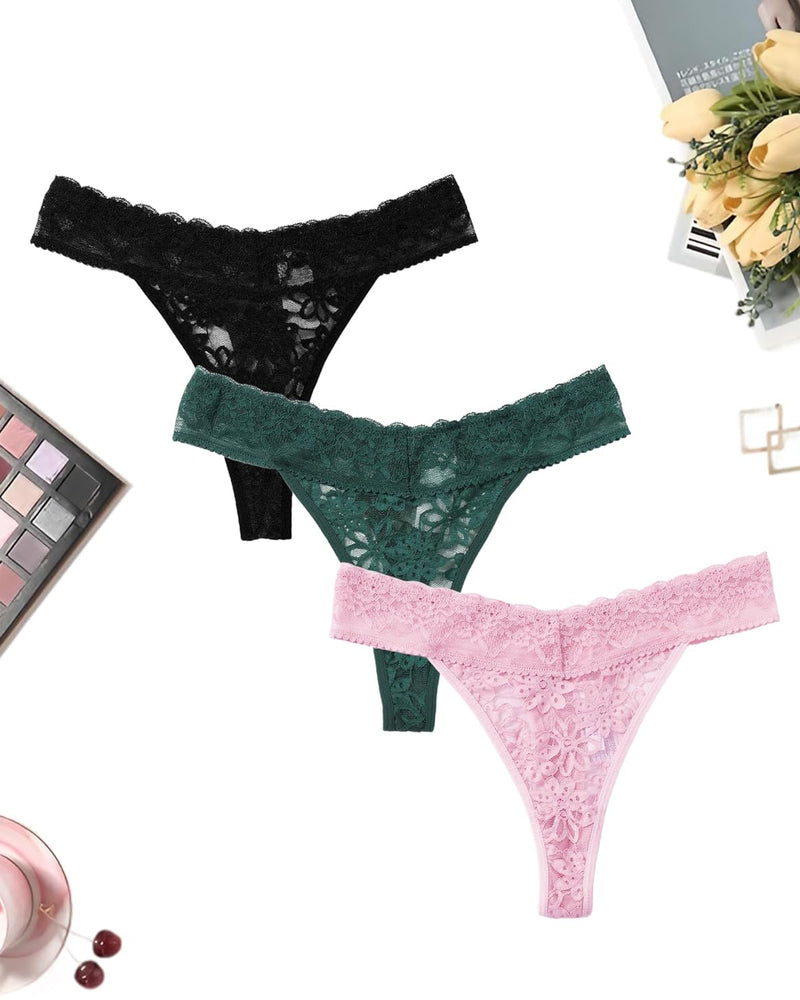 Lace low waist Brazilian panties in black, green, and pink. Sexy lingerie with delicate lace.