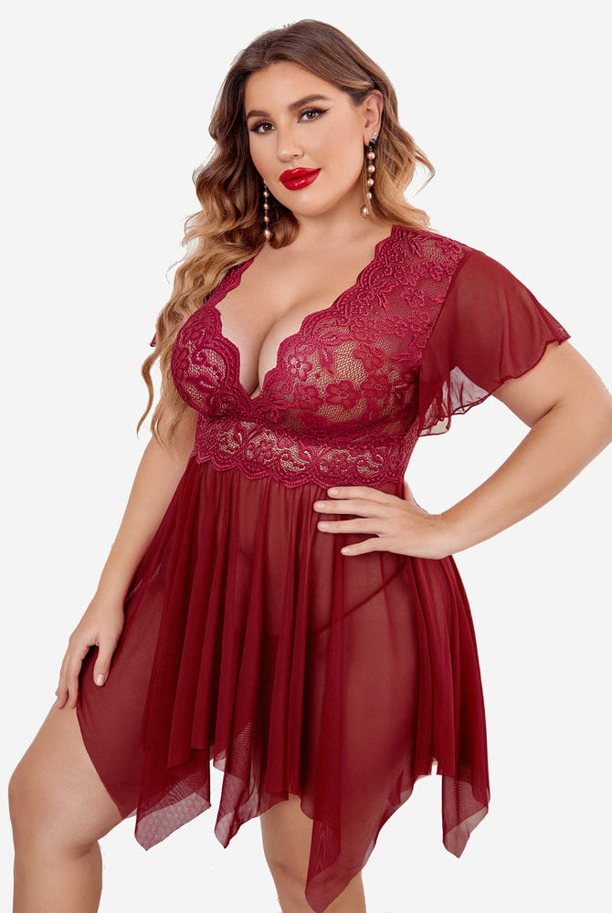 Plus Size Burgundy Babydoll Lingerie with Floral Lace, Deep V-Neck, Asymmetrical Hem