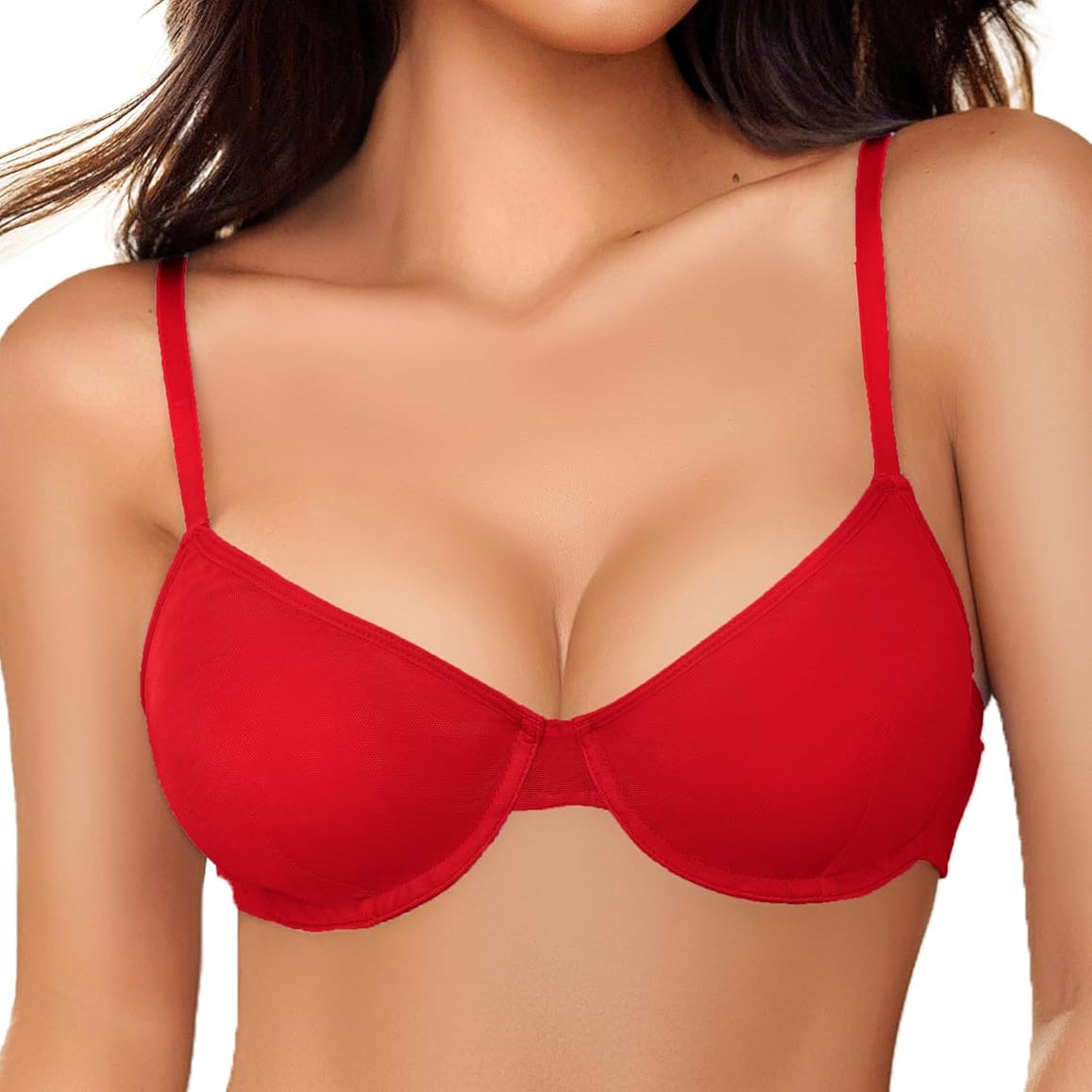 Red underwire bra with adjustable straps, stylish lingerie, highlighting natural contours.