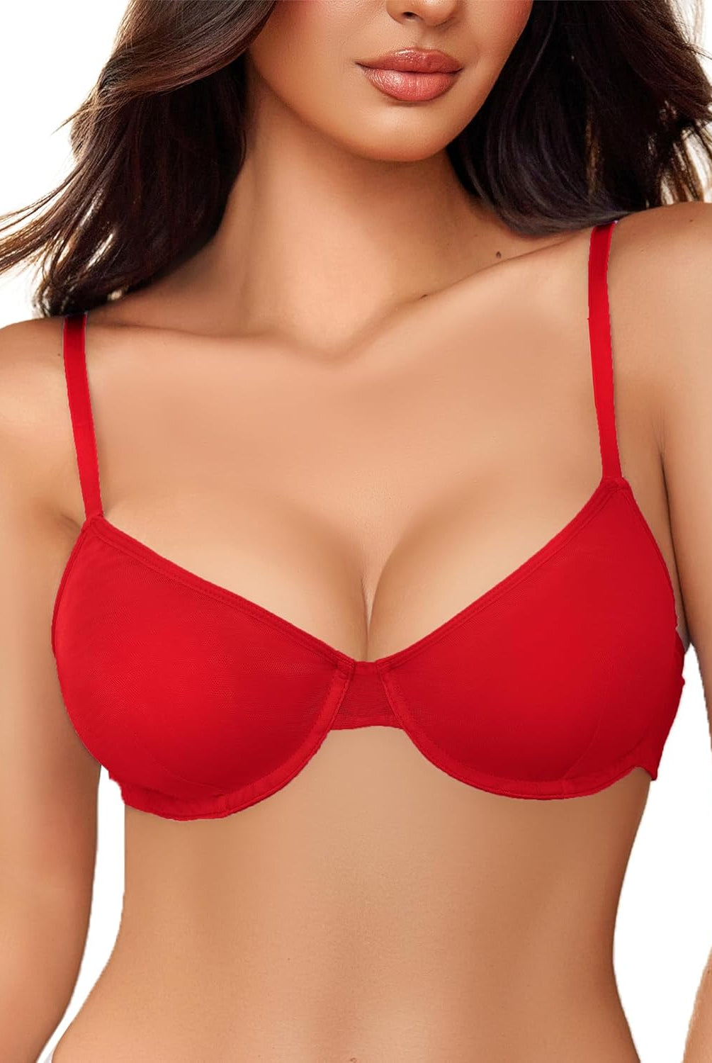 Red underwire bra with adjustable straps, stylish lingerie, highlighting natural contours.