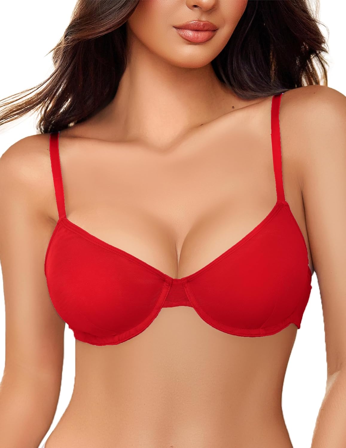 Red underwire bra with adjustable straps, stylish lingerie, highlighting natural contours.