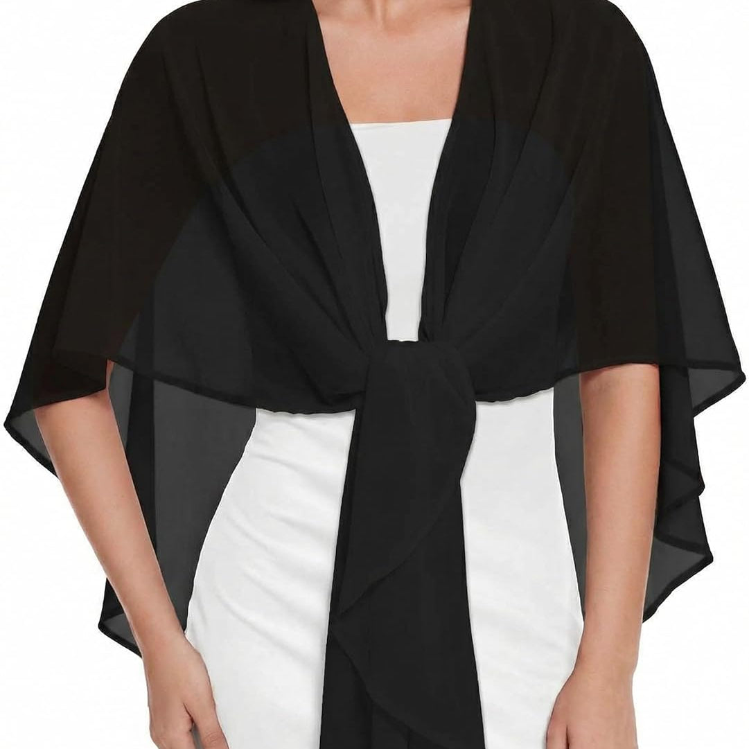 Black sheer chiffon shawl wrap tied at waist with cape-like sleeves