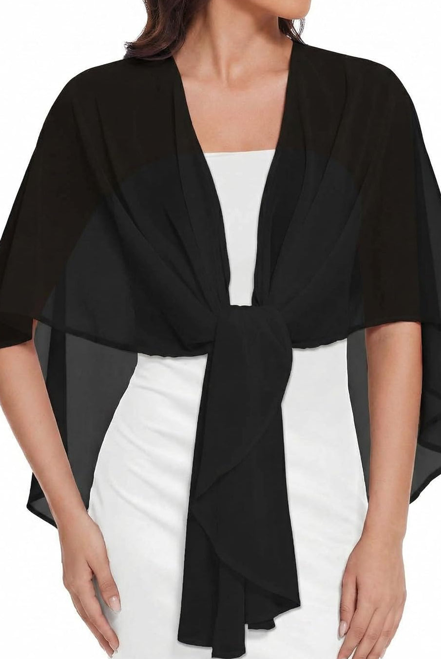 Black sheer chiffon shawl wrap tied at waist with cape-like sleeves
