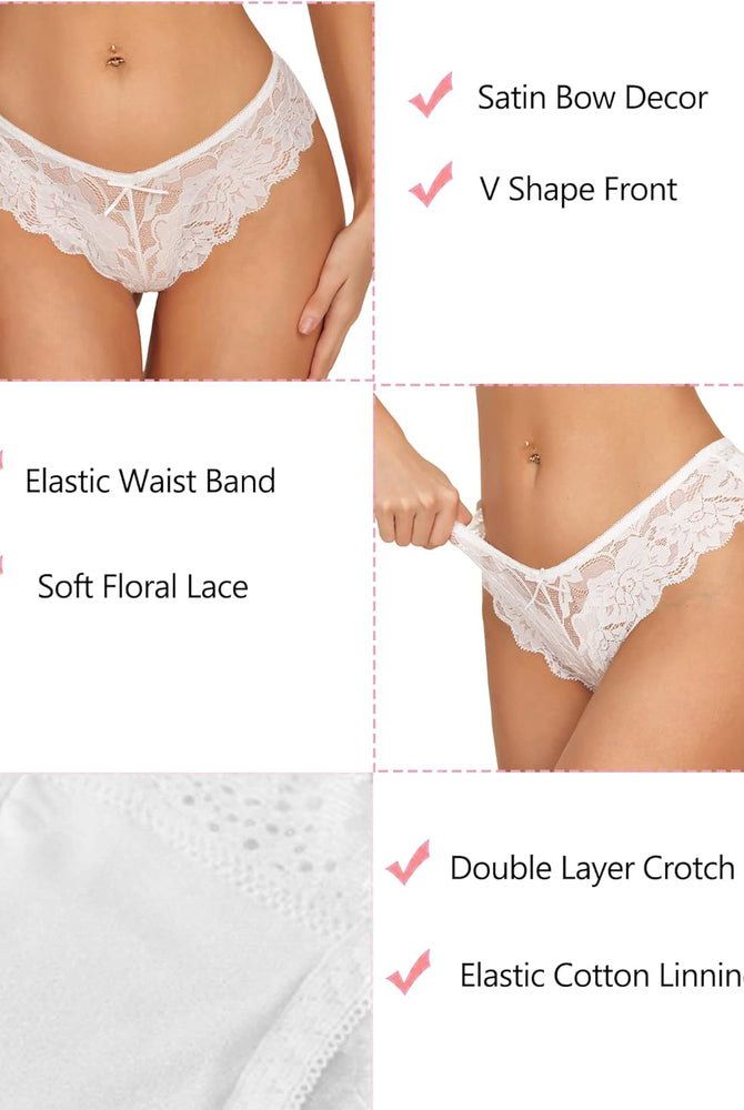 White floral lace hipster panties with satin bow and soft lace, offering comfort and style.