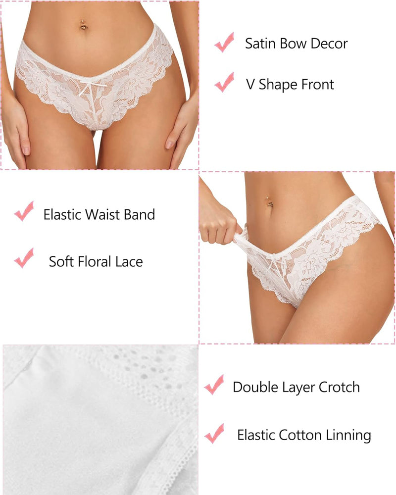 White floral lace hipster panties with satin bow and soft lace, offering comfort and style.