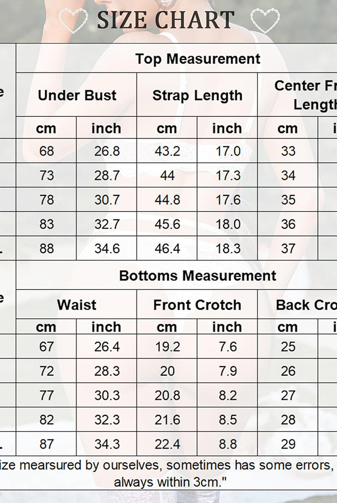 Lace bodysuit size chart showing underbust, strap length, waist measurements, perfect fit lingerie