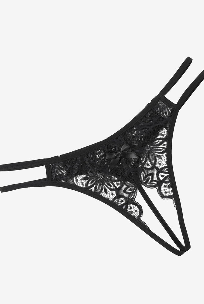 Black floral lace briefs with bow detail. Sexy low-rise thong design. Avidlove lingerie.