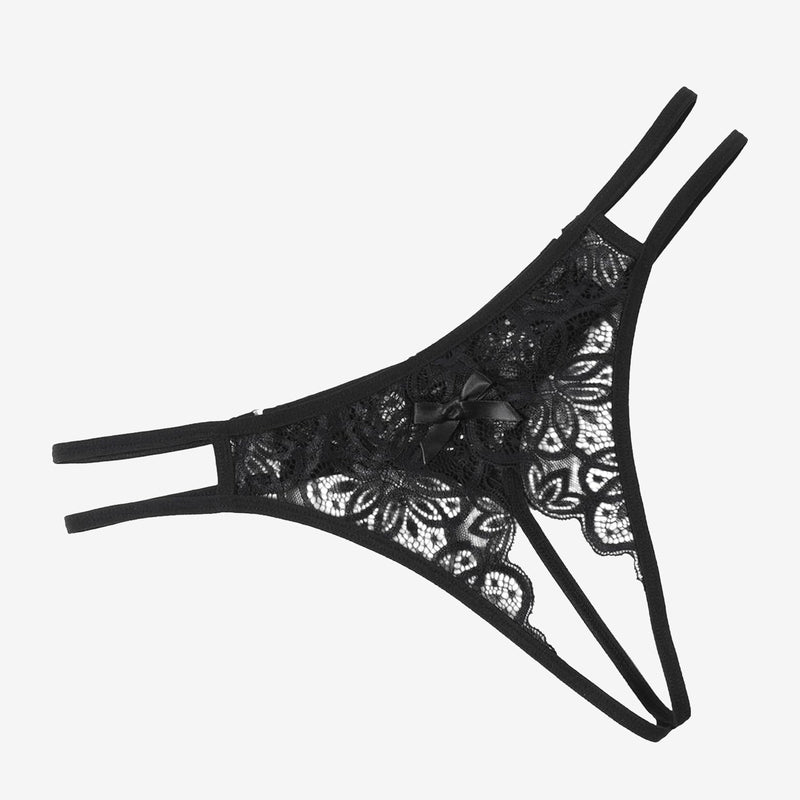 Black floral lace thong briefs with cute bow