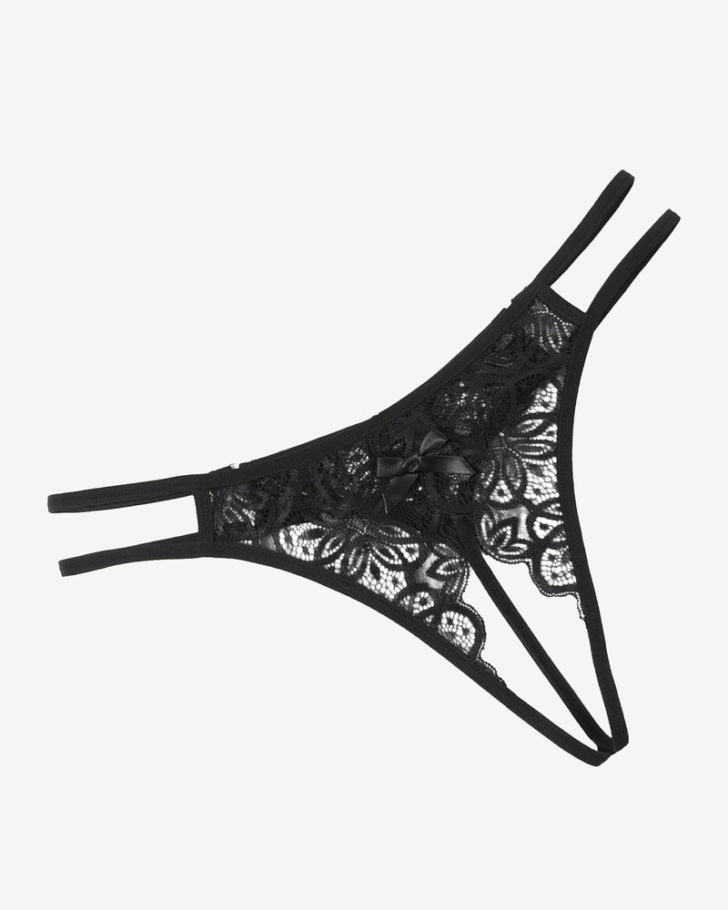 Black floral lace briefs with bow detail. Sexy low-rise thong design. Avidlove lingerie.