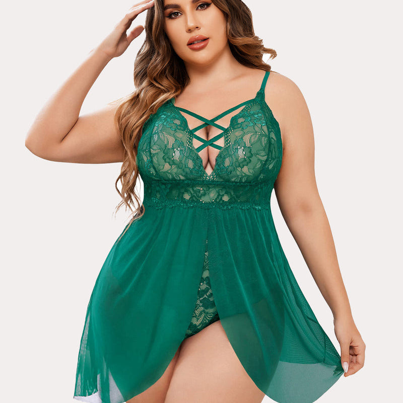 Emerald Green Plus Size Babydoll Lingerie with Lace and Criss-cross Design