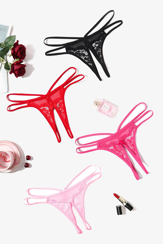 Floral lace briefs G-string in black, red, pink, and light pink colors, sexy lingerie for women