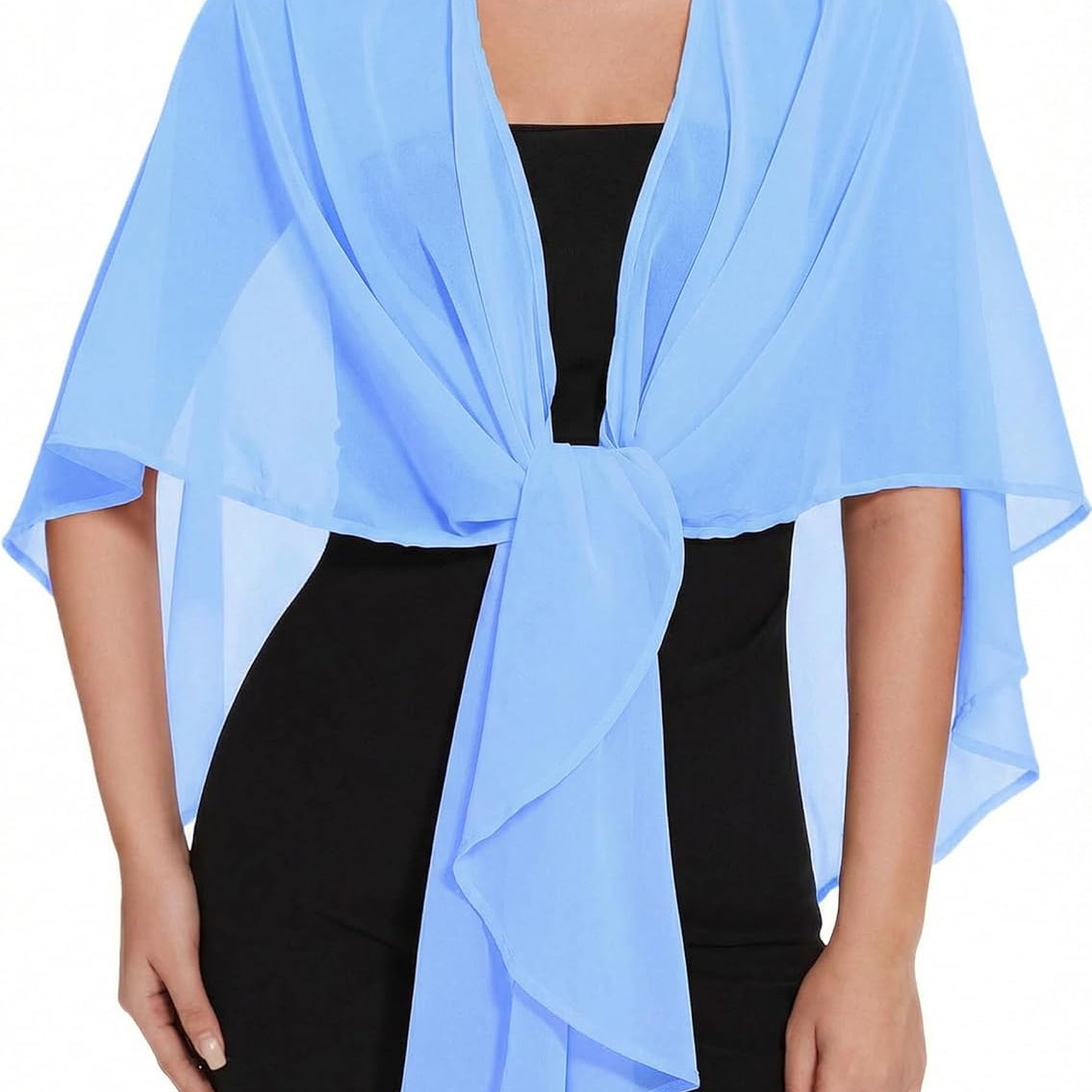 Light blue sheer chiffon shawl wrap tied at center with loose, airy sleeves