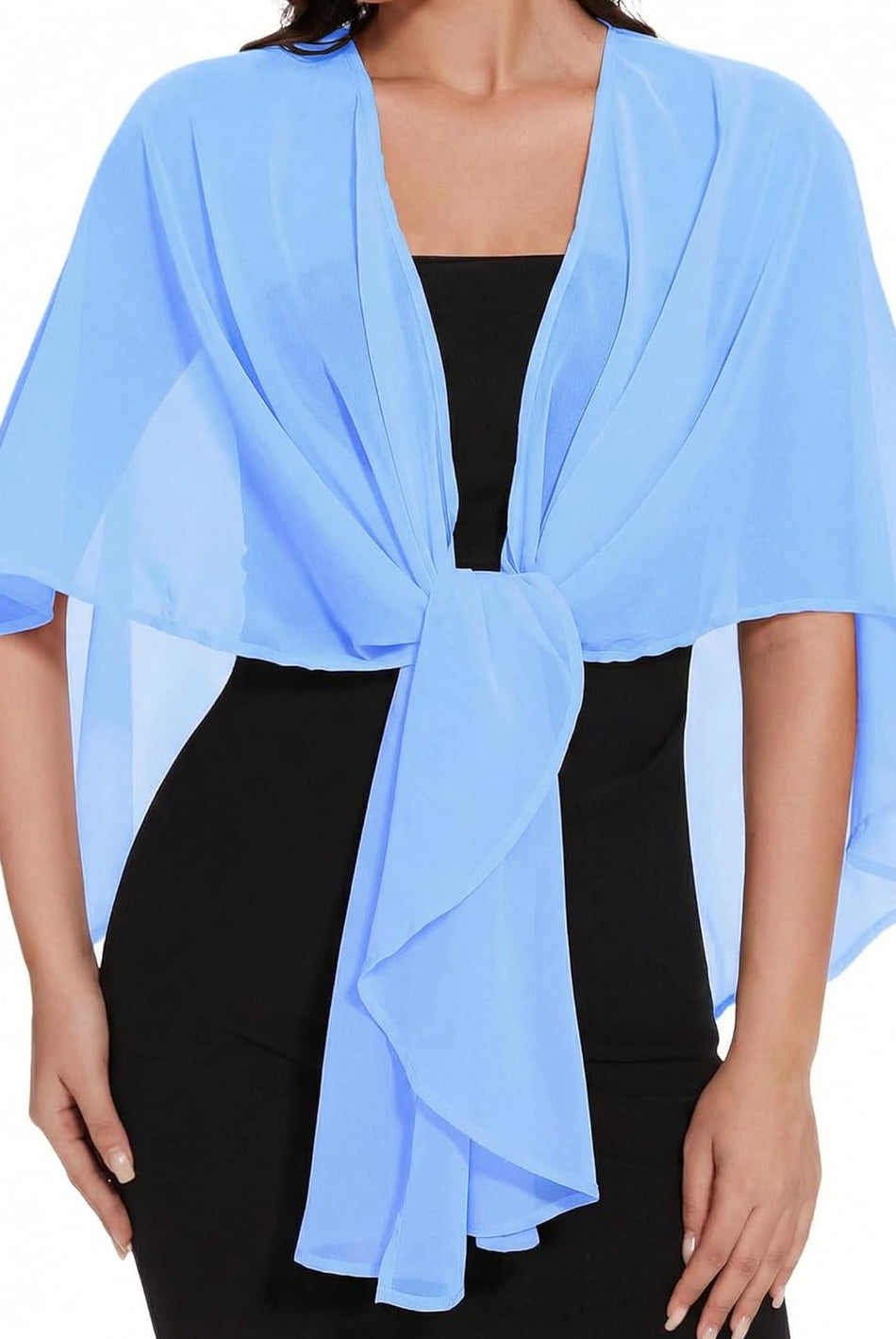 Light blue sheer chiffon shawl wrap tied at center with loose, airy sleeves
