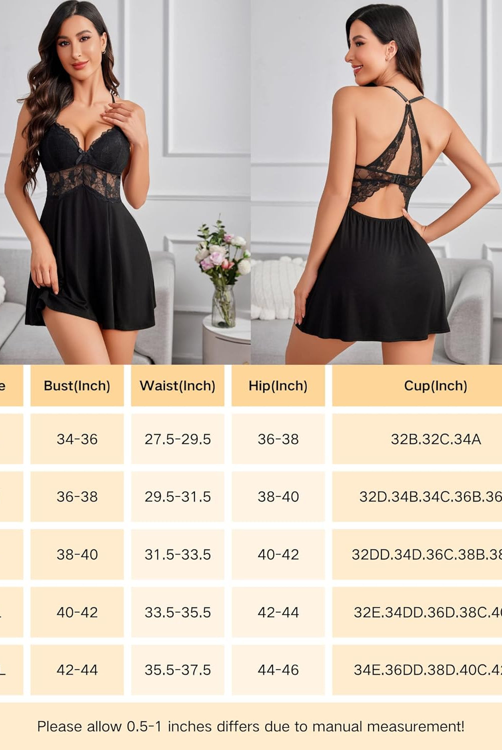 Black lace babydoll nightgown with deep V-neck and size chart, Avidlove