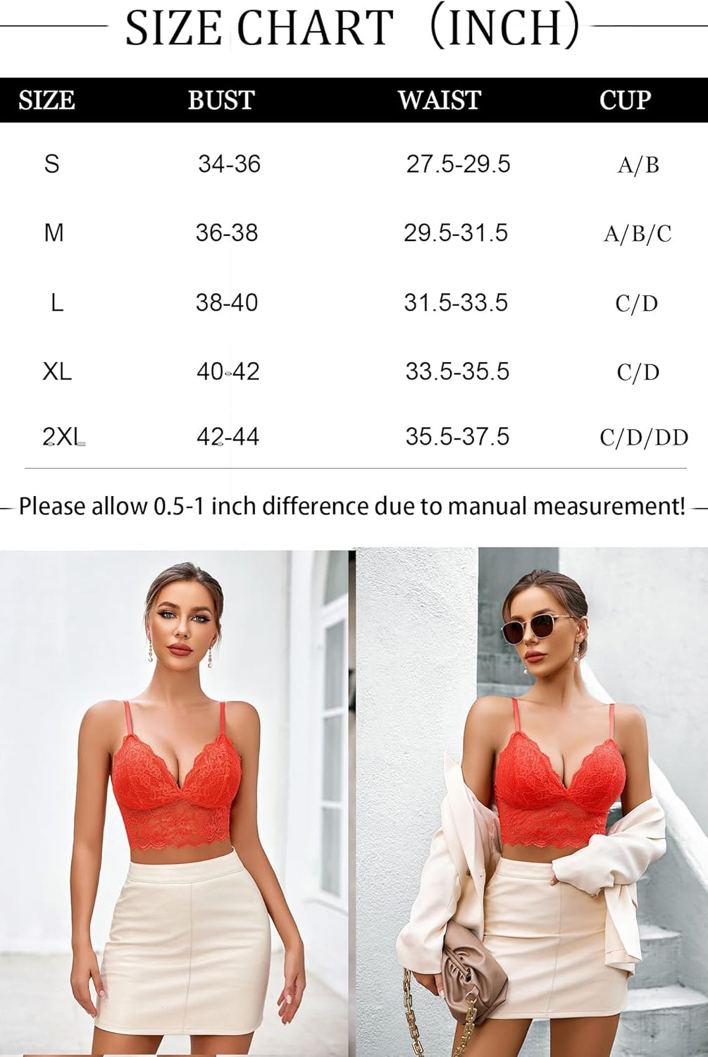 Size chart for lace bustier top with bust, waist, cup, and models wearing the top