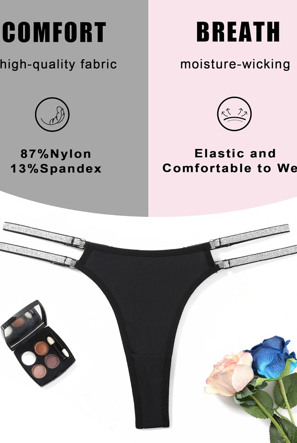 Low waist black Brazilian tanga panties with flashing straps, comfortable and breathable.