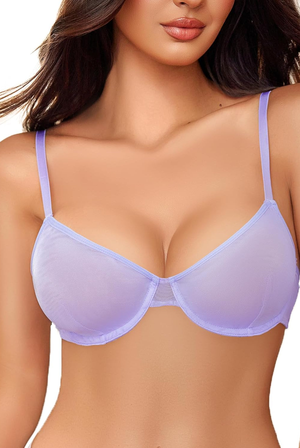 Lavender sheer mesh unlined underwire bra, adjustable straps, stylish lingerie, natural shape.