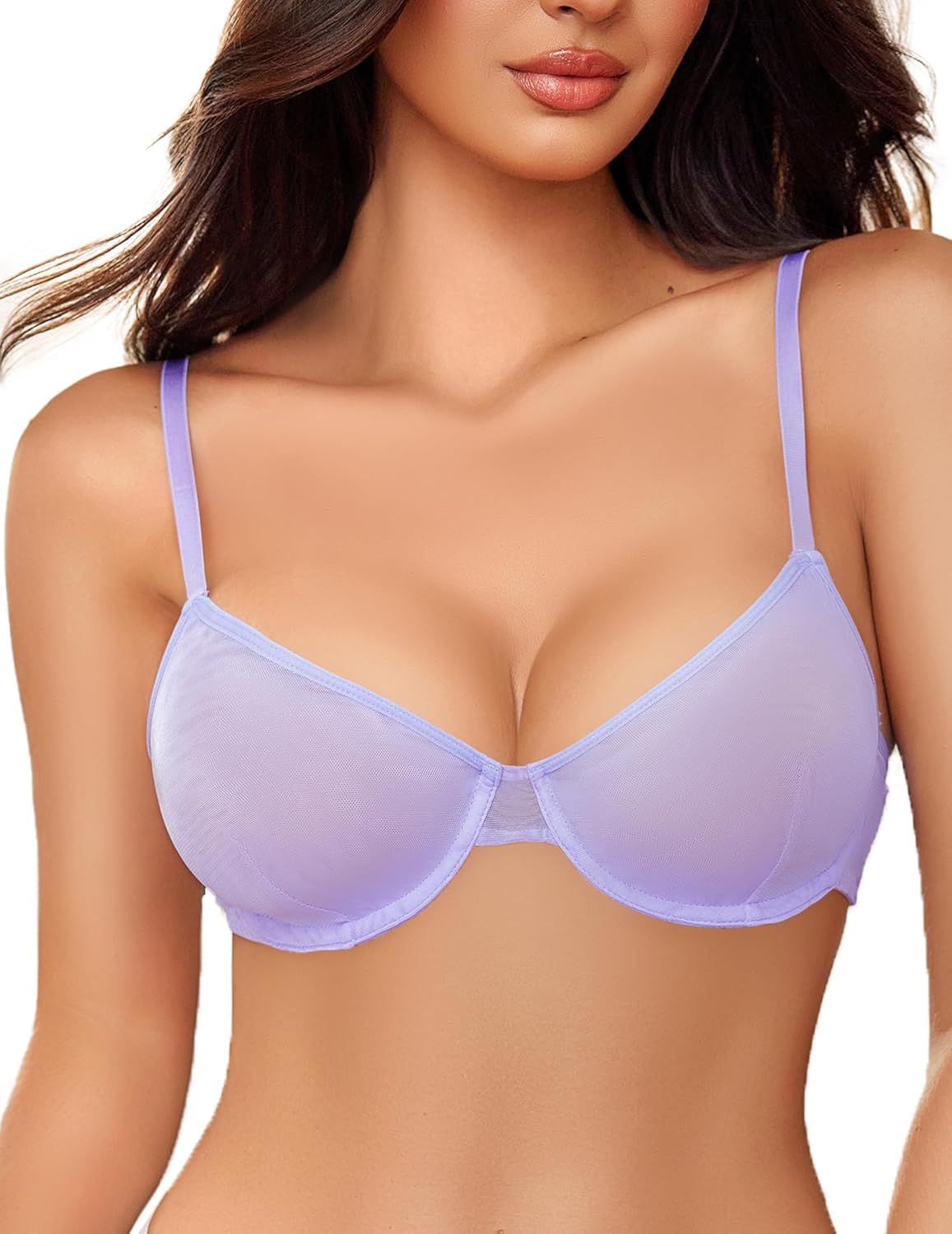Lavender sheer mesh unlined underwire bra, adjustable straps, stylish lingerie, natural shape.